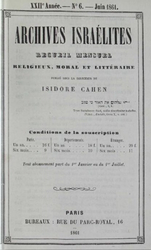 Archives israélites de France. Vol.22 N°06 (juin 1861)